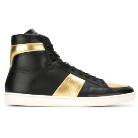 Pre-Owned SAINT LAURENT Black Gold COURT CLASSIC High-Top Sneakers EUR-39 US-7 - Picture 1 of 6